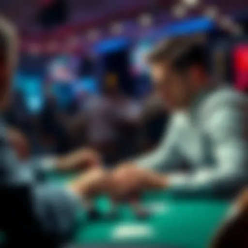 A focused poker player sitting at a table, analyzing a loose player who is betting aggressively, showcasing a strategic mindset for winning big in the game.