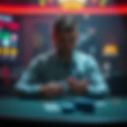 A focused poker player sitting at a table, looking at empty hands, reflecting on strategies during a game pause.