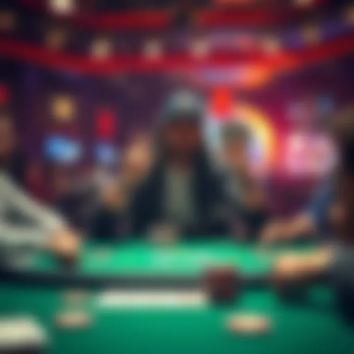 A player at a poker table celebrating a huge win after revealing their hand, with surprised opponents looking on.