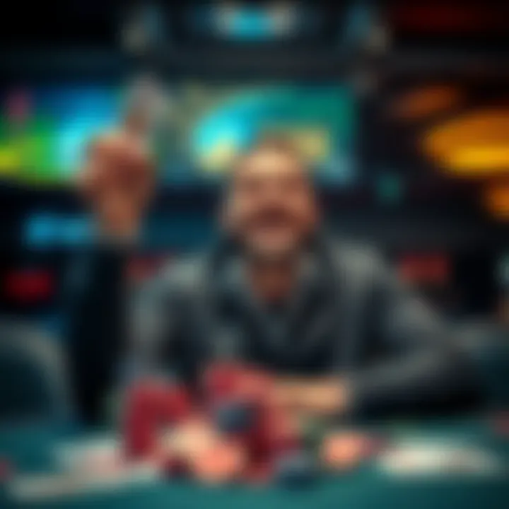 A successful poker player celebrating a cash win at the table, surrounded by poker chips and cards, with a confident smile.