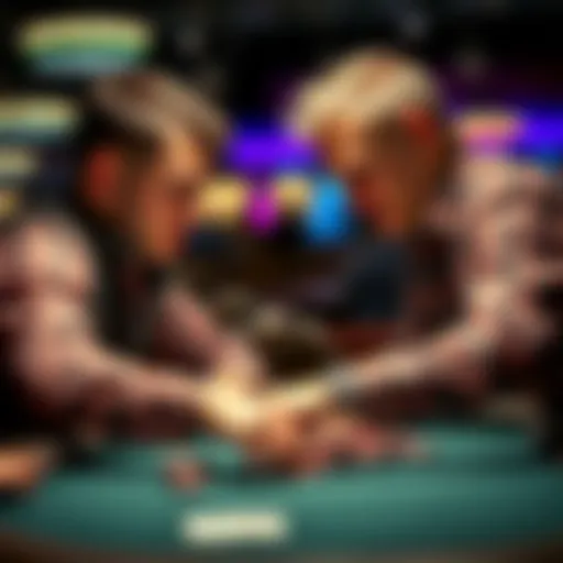 Two poker players at a table, focused and intense, displaying emotions during a high-stakes game.