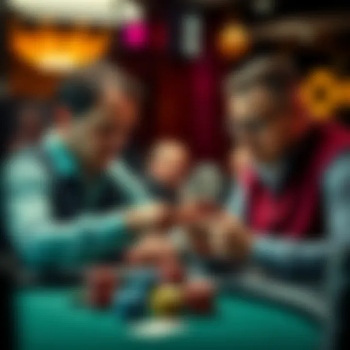 Two poker players studying their cards and discussing strategies during a game.