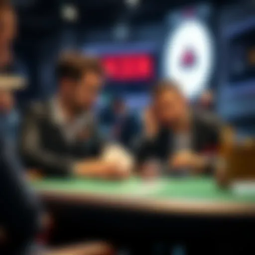 Two poker players at a table discussing the strategy of flattening AK in the big blind.