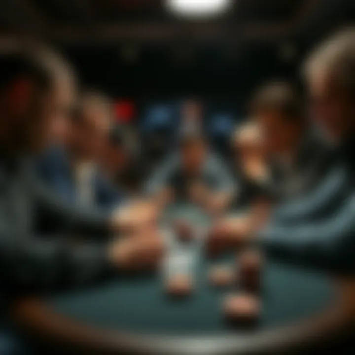 A group of poker players discussing strategies at a table with cards and chips in front of them
