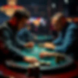 Two poker players analyzing their hands during a game, focusing on a strong hand like AQ against a weak opponent.