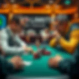 Two poker players at a table focused on their cards, with chips stacked in front of them, one player holding a strong hand and the other contemplating a decision