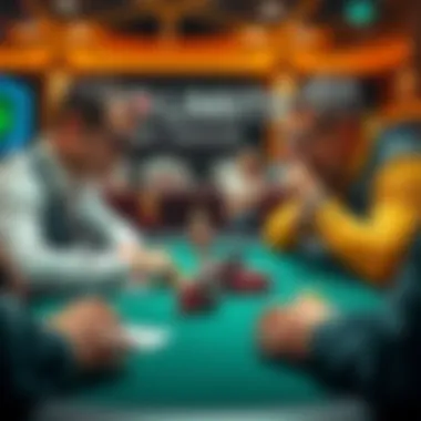 Two poker players at a table focused on their cards, with chips stacked in front of them, one player holding a strong hand and the other contemplating a decision