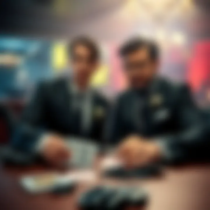 Two poker players wearing black suits at a table with cards showing black suits and a black flop on the table