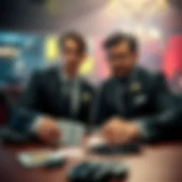 Poker Players with Black Suits Two poker players wearing black suits at a table with cards showing black suits and a black flop on the table