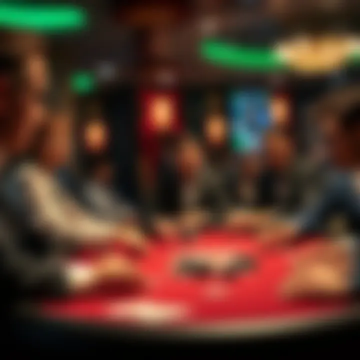 A group of people playing poker at a casino table, focusing on cards and chips