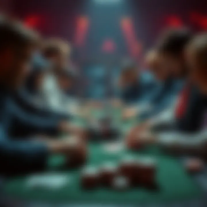 A group of skilled poker players competing at a table with cards and chips in front of them