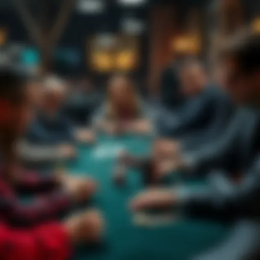 A group of poker players at a table, focused on their cards, with chips and drinks around them.