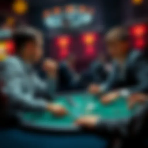 Two poker players at a table contemplating a difficult river decision in a game.