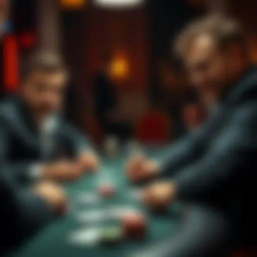 Two poker players at a table discussing their hands, one looking thoughtful and the other smirking, with cards in front of them.