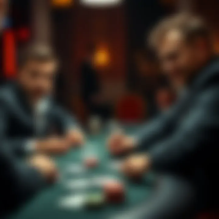 Two poker players at a table discussing their hands, one looking thoughtful and the other smirking, with cards in front of them.