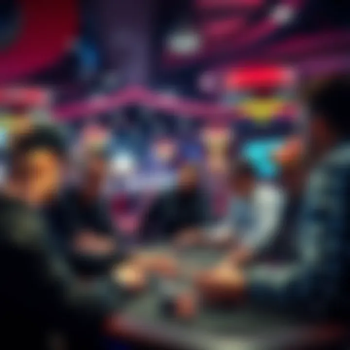 Group of poker players in a casino discussing their preferences for high hand jackpots versus bad beat jackpots