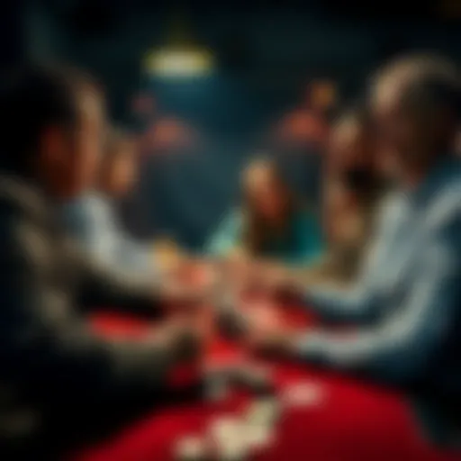 A group of friends at a table debating who should show their cards after a poker game, with chips and cards in front of them