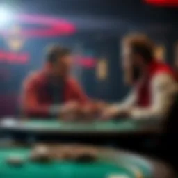 Poker players discussing percentage shares Two poker players sitting at a table, exchanging chips while talking about swapping tournament percentages