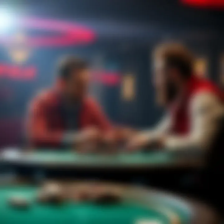 Poker players discussing percentage shares Two poker players sitting at a table, exchanging chips while talking about swapping tournament percentages