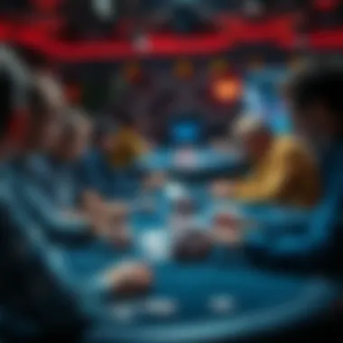 A group of players at a poker table in Australia, engaged in discussion over a complex hand involving KJo, with cards and chips visible.