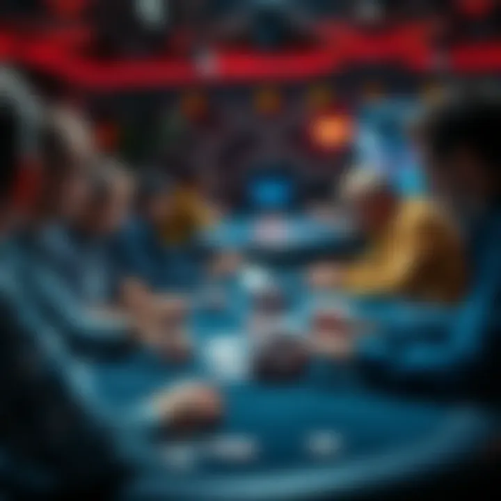 A group of players at a poker table in Australia, engaged in discussion over a complex hand involving KJo, with cards and chips visible.