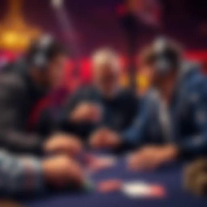 Three poker players analyzing a hand at a table, with chips and cards visible