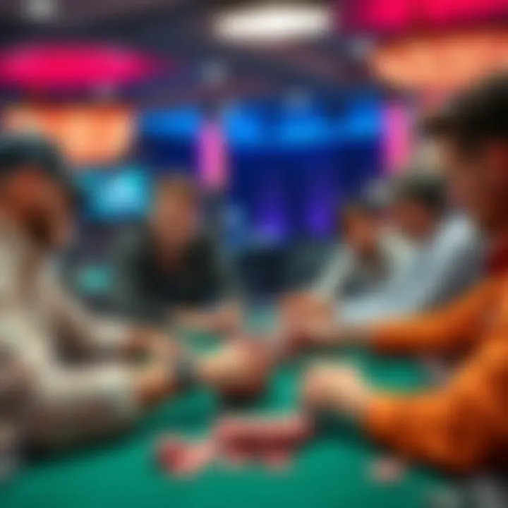 People at a table discussing poker strategies while looking at cards and chips