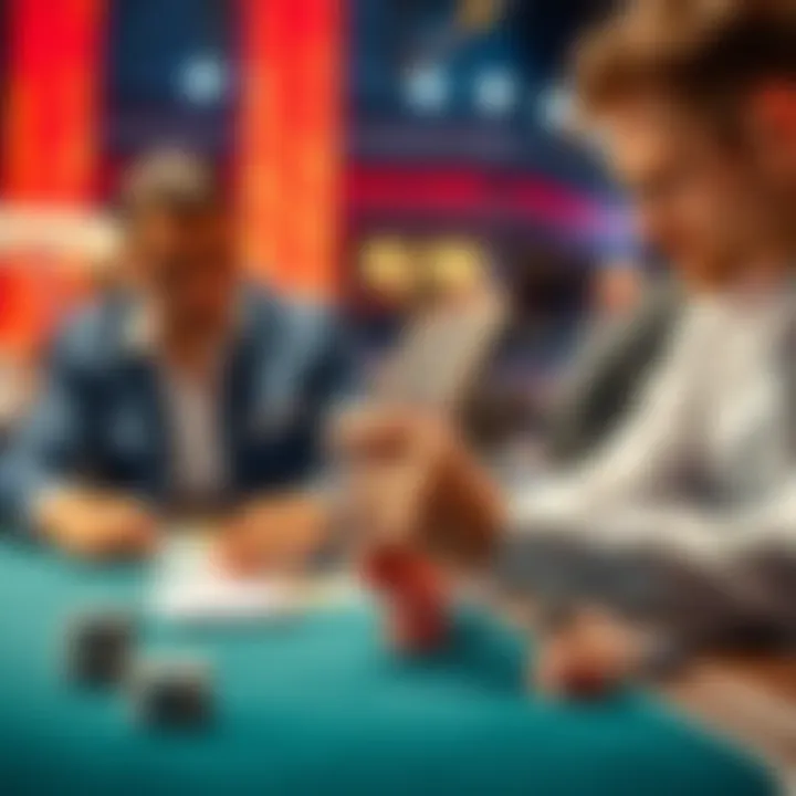 Two poker players at a table with one folding their cards, showing a strategic decision in a game.