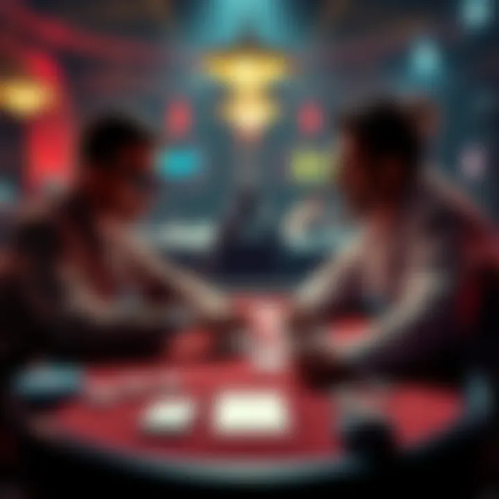 Two poker players discussing strategies at a table with cards and chips