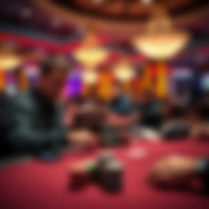 Two poker players engaged in a high-stakes game at Harrahs during WSOP, showcasing intense focus with chips stacked high.
