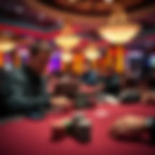Poker players at table in Harrahs Two poker players engaged in a high-stakes game at Harrahs during WSOP, showcasing intense focus with chips stacked high.