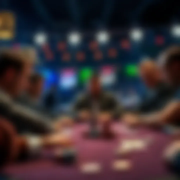 A tense moment at a poker table during a WSOP tournament, with players evaluating their hands and potential strategies.