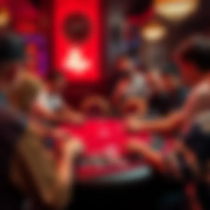 A group of players gathered around a poker table at KitKat Club in Portland, with cards and chips visible, highlighting the lively atmosphere of the game.
