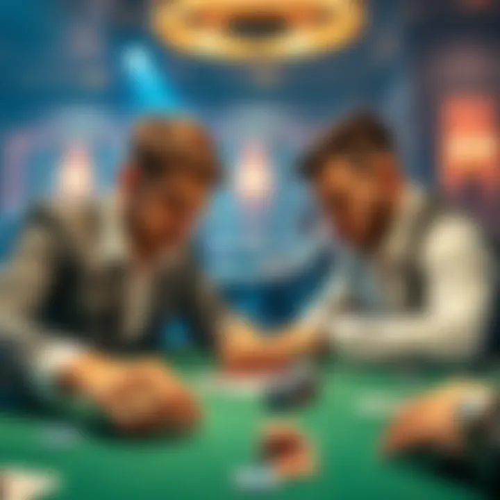 Two poker players focus on their cards during a live game, with chips and cards visible on the table.