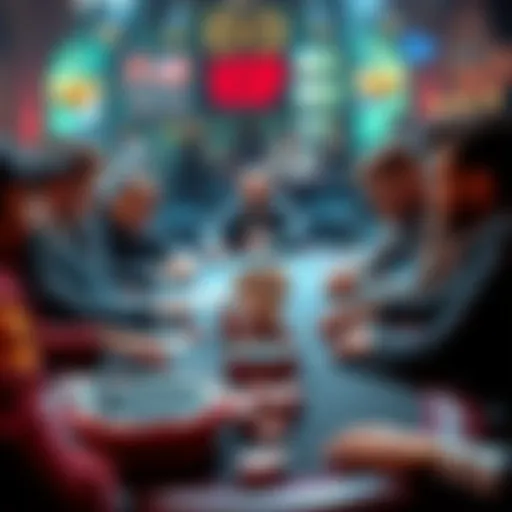 Group of poker players gathered around a table sharing funny poker memes during the World Series of Poker.