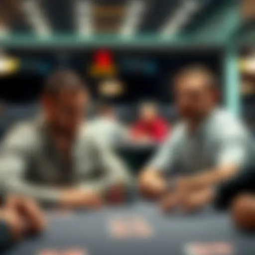 Two poker players sitting at a table, one looks tense while considering a reraise and the other looks confident