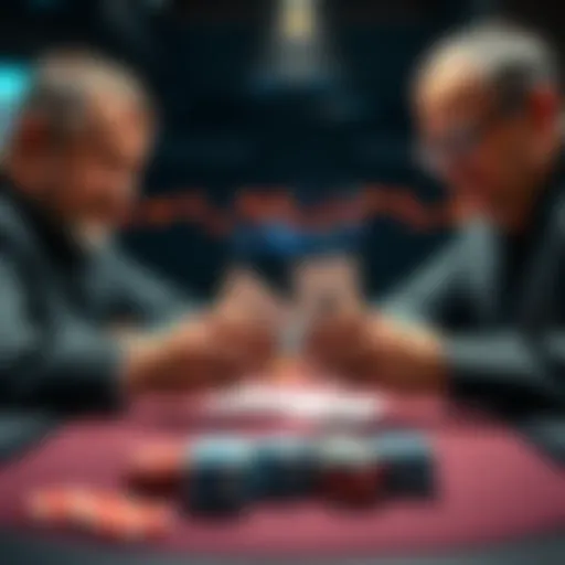 Two poker players at a table, one showing both hole cards while the other folds