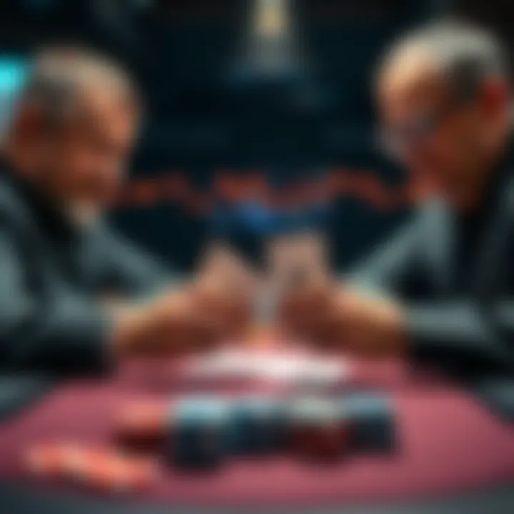 Two poker players at a table, one showing both hole cards while the other folds
