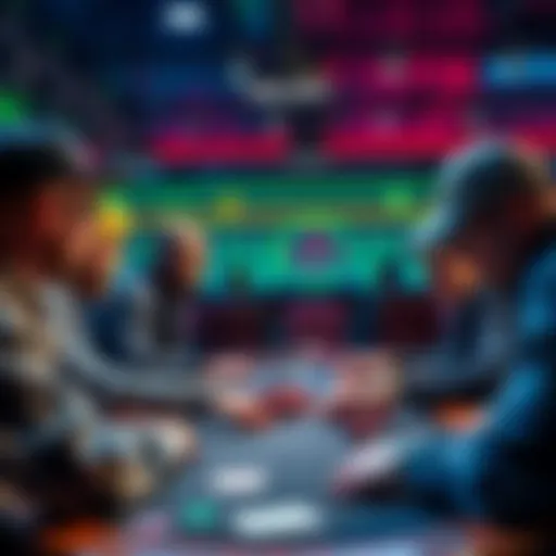 Group of poker players at a table discussing their HUD statistics during a game