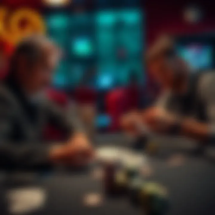 Two poker players discussing strategies while looking at their cards and chips on the table