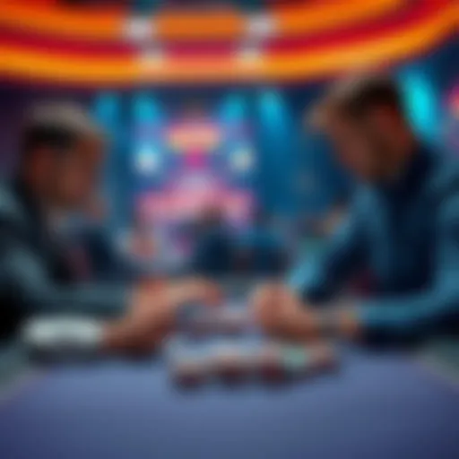 Two poker players at a table analyzing their cards and discussing strategies during a 5/10 hand.
