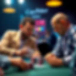 Poker players discussing strategy Two poker players analyzing their hands and discussing the three-betting strategy during a game.