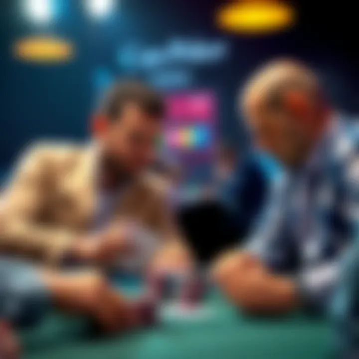 Poker players discussing strategy Two poker players analyzing their hands and discussing the three-betting strategy during a game.