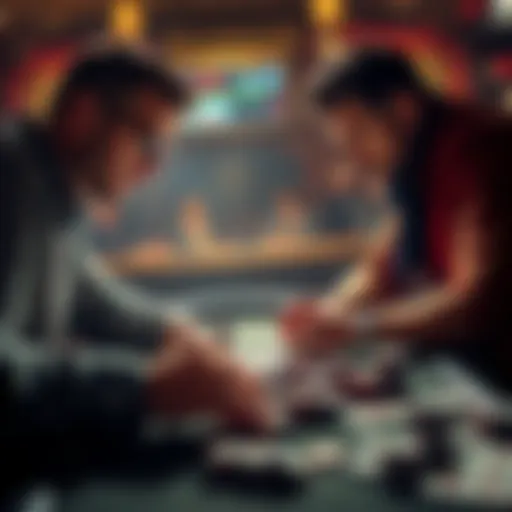 Two poker players discussing strategy over a table with cards and chips