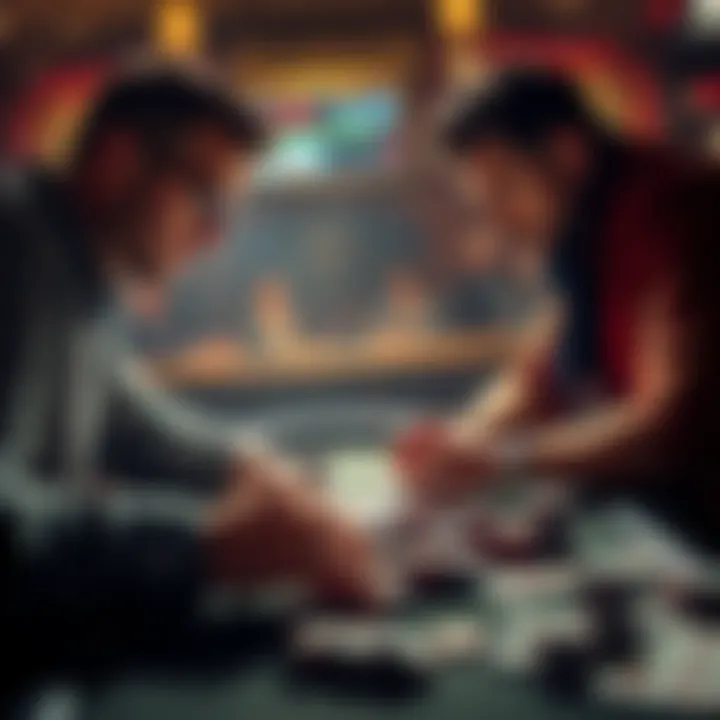 Two poker players discussing strategy over a table with cards and chips