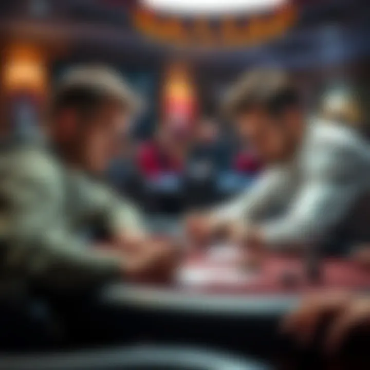 Two poker players at a table analyzing their cards with focused expressions during a tense moment