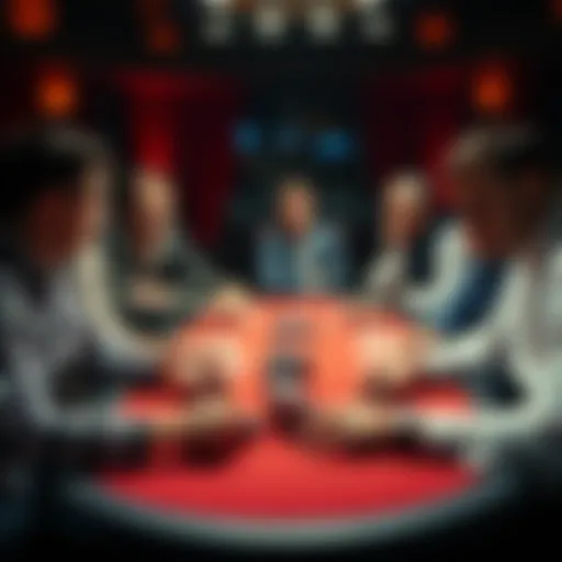 Group of poker players discussing strategies at a table with chips and cards