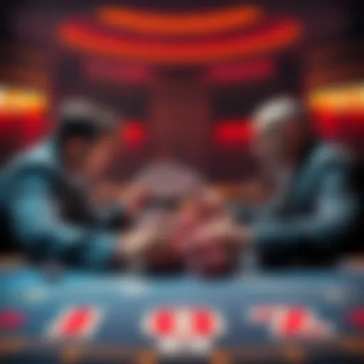 Two players facing off with cards in hand, contemplating an all-in bet during a poker game.