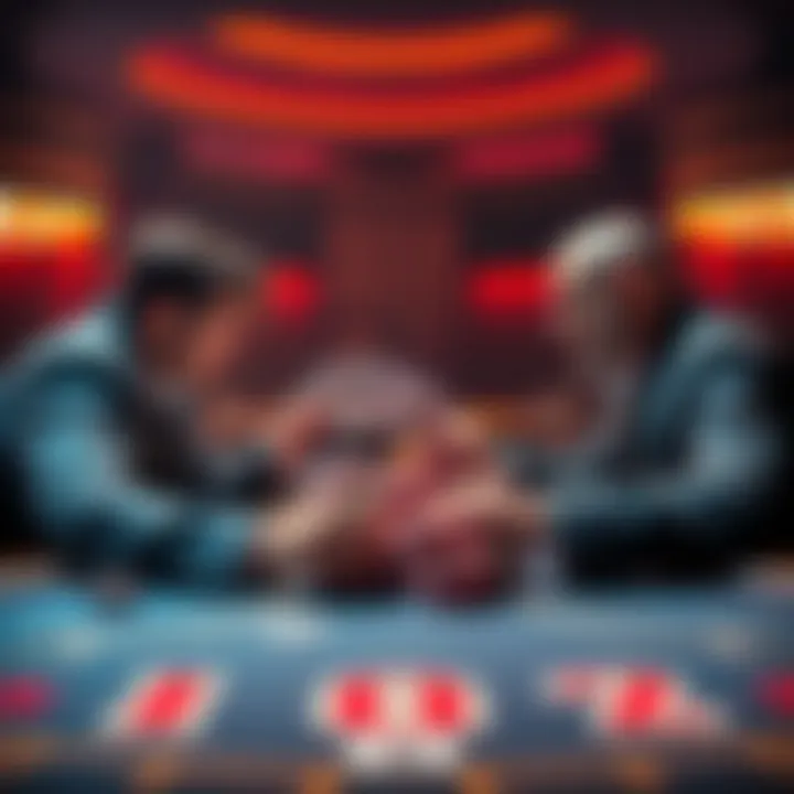 Two players facing off with cards in hand, contemplating an all-in bet during a poker game.