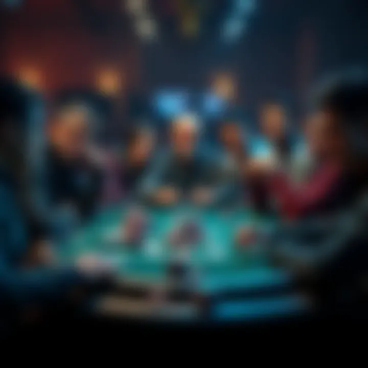 A group of diverse poker players looking frustrated at a poker table with cards and chips, reflecting on their game.